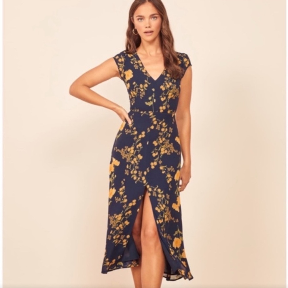 Reformation Yellow Orange Wrap Midi Dress with Flutter Sleeves